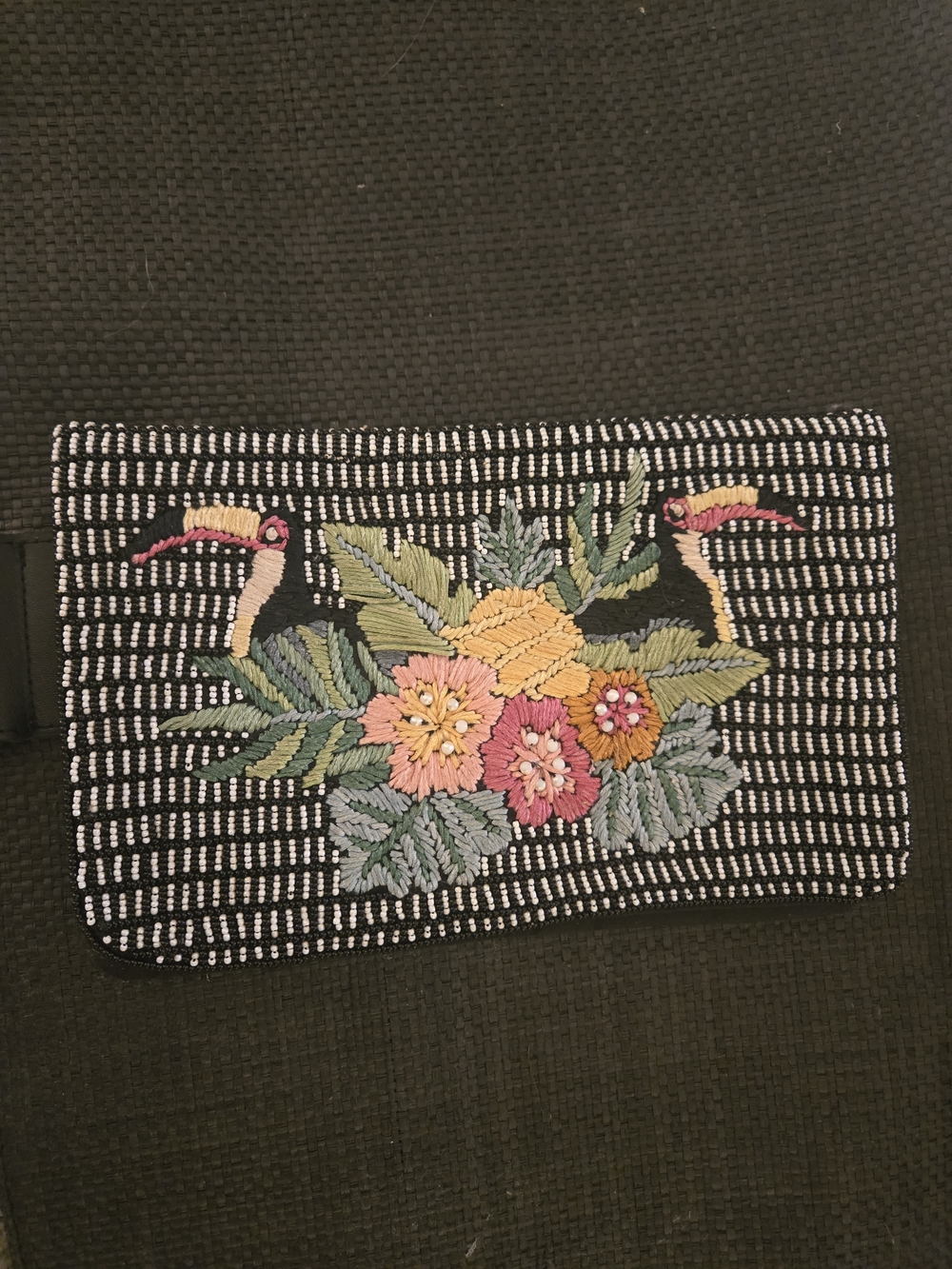 Black Embroidered Toucan & Floral Wristlet Clutch